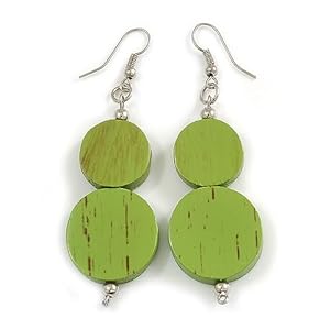 Double Bead Lime Green Wooden Drop Earrings – 60mm Long