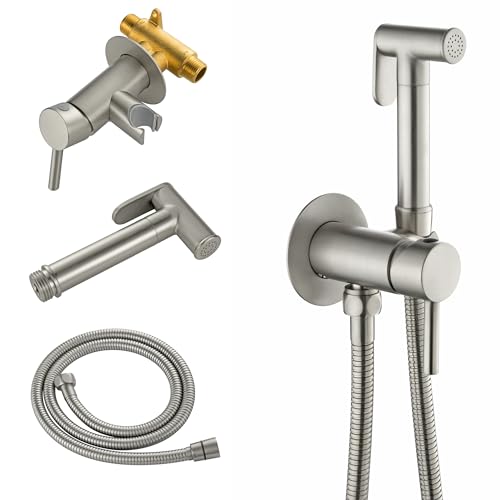 SHAMANDA Warm Water Bidet Sprayer for Toilet with Hot and Cold Brass Rough-in Valve, Stainless Steel Round Handheld Bidet Attachment Set for Feminine, Pets and Baby Diaper Wash, Brushed Nickel by SHAMANDA - Used condition - US$64.89