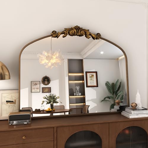 SMIROR Arched Gold Antique Mirror 40Wx32L, Arch Vintage Mirror Over Fireplace, Metal Framed Baroque Mirror for Bathroom Vanity Mantel