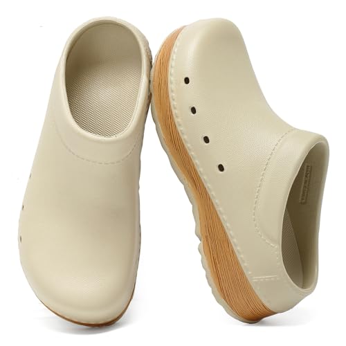 youermei Slip-On Men's Clogs Women's Mules, Lightweight Work Sandals with Removable EVA Footbed, Arch Support, Non Slip Closed Toe Chef Nurse Shoes, Comfortable Cork Slides Beige