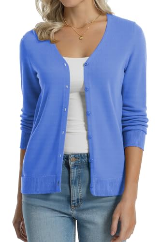 Image of QUALFORT Women's 100% Cotton Lightweight Cardigans Long Sleeve Knitted Button Down Sweater