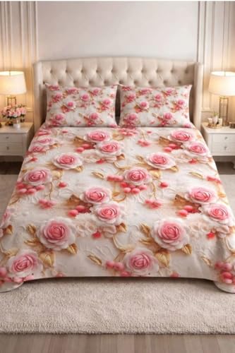 Image of King Size Bedsheet, Polycotton, 7D Floral Rose Print, Pink White and Gold, 3 Piece Set (Pink, White, and Gold 3D Rose Print)