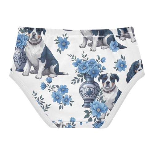 Cute Dogs Blue Floral Retro Undies for Toddler Girls, Girls Cotton Underwear, 2T–8 Years2