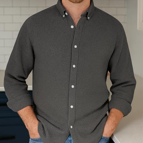 Pacificozy Men's Casual Solid Color Waffle Button Long Sleeve Shirt for Commuting, Leisure4