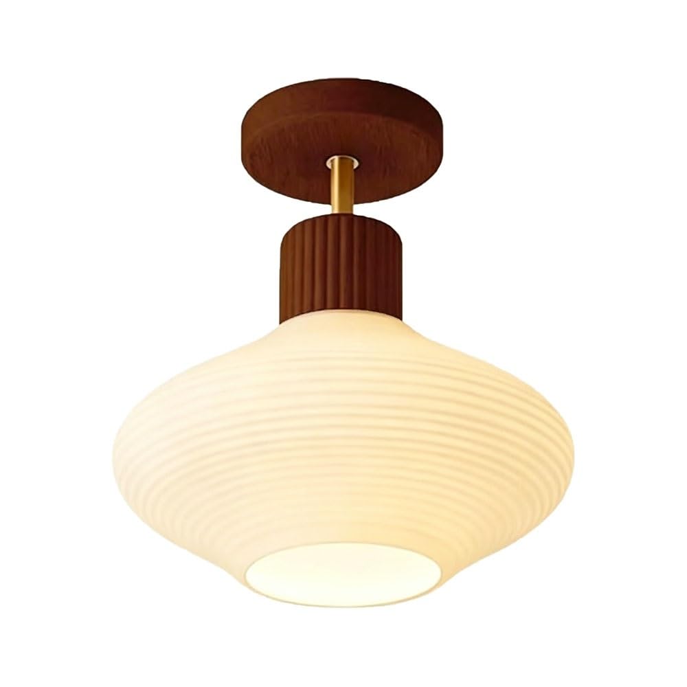 FEITENGDA Modern Nordic Wood Flush Mount Ceiling Light Japanese Ribbed Frosted Glass Ceiling Lamp Minimalist Small Accent Close to Ceiling Light for Bedroom Hallway Entryway(Walnut)