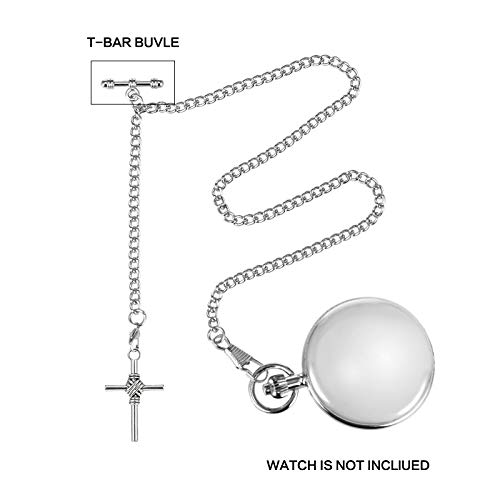 TREEWETO Men's Albert Chain Pocket Watch Curb Link Key Chain 2 Hooks with Antique Cross Silver Pendant Design Charm Fob T Bar by TREEWETO - Image 6