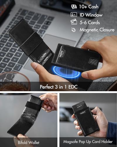Image of iwantit 3 in 1 Magsafe Wallet Men: Bifold Wallet + Magnetic Wallet for iPhone - Detachable Cash Strap, Smart Pop Up Card Holder, ID Window, Premium Leather (Black)