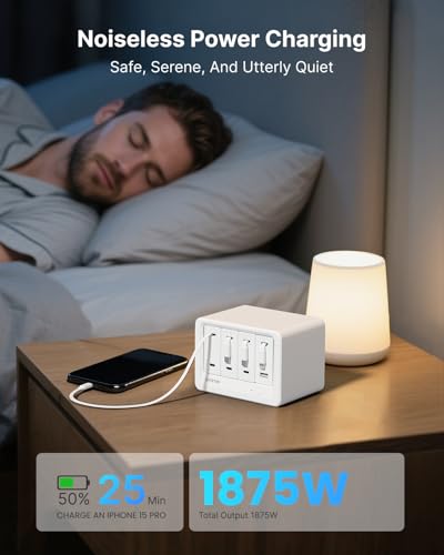 Image of Gitryin 12-in-1 Desktop Charging Station with 3 Retractable Type-C Chargers and 1 Lightning Charger, 160W USB-C Charging Hub with 33.5in Cable, 4 AC, 1 USB A Port, 3 USB C Ports, White