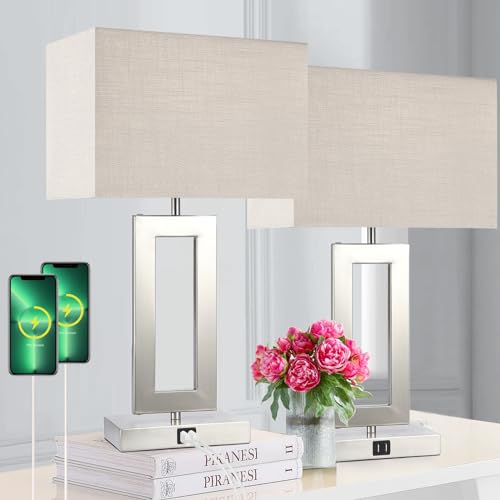 Lamps for Living Room Set of 2 Touch Control Table Lamps with 2 USB Ports 3-Way Dimmable Bedside Nightstand Lamps Bedrooms Brushed Nickel Lamp for End Table Contemporary Lamps with Beige/Grey Shades