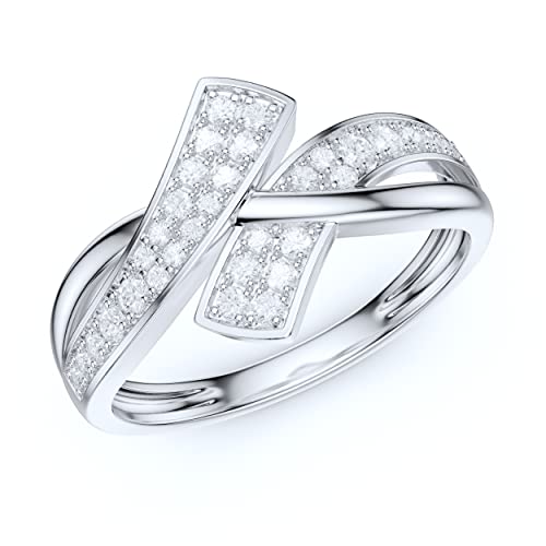 Solid 10K White Gold Romantic Criss-Cross Split Shank Simulated Diamond or Genuine Moissanite Promise Ring Wedding Band