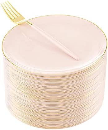 LIYH 48pcs Pink Plastic Plates with 48pcs Pink Dessert Forks,Gold and Pink Dessert Plates,Plastic Salad Plates,Party Appetizer Plates,Perfect for Parties & Wedding & Afternoon Tea Party