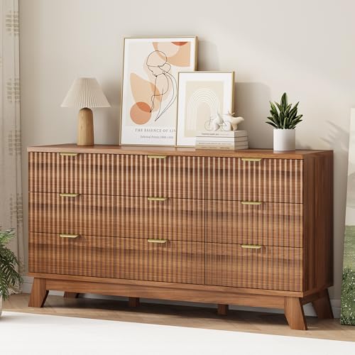 Image of Xixini Fluted Dresser for Bedroom with 9 Drawers, 57 inch Wide Modern Chest of Drawers with Metal Handle, Wooden Dresser TV Stand, Wood Closet Clothes Storage Organizer for Living Room, Hallway, Walnut