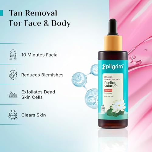 Image of Pilgrim 25% AHA + 2% BHA + 5% PHA Peeling Solution 60ml For Face & Body |10-Minute Facial At Home|Gentle Exfoliating Serum for Tan Removal |For Glowing Skin, Even Skin Tone, Pore Cleansing |Men, Women