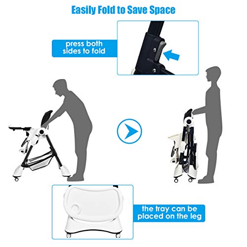 Infans High Chair With One-Hand Removable Tray, 4 Lockable Wheels & Large Storage Basket - Multi-Adjustable Height, Recline & Footrest, Removable Cushion, Foldable For Baby, Infant& Toddler #TOP5