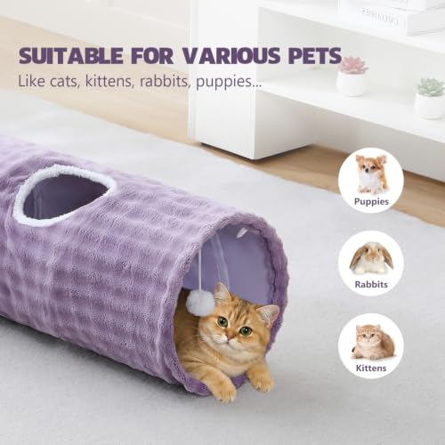 Image of Straight Bubble Cat Tunnel for Indoor Cats 47 inchx12 inch, Dusty Purple | Cute Cat Toys, Collapsible Tunnel Tube with Hanging Balls for Puppy Kitten Rabbit