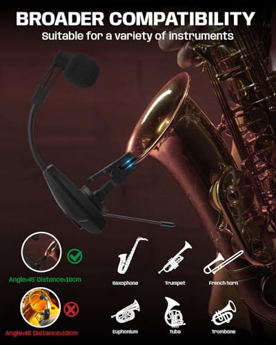 Image of Saxophone Microphone, UHF Rechargeable Wireless Instruments Microphone System with Transmitter and Receiver 196ft Range, Clip on Condenser Mic for Trumpet, Trombone, Saxofon, Most Brass Instruments
