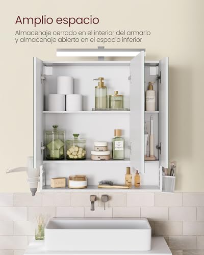 Miniatura 5 de Vasagle Mueble De Baño Con Iluminación Led, 16,5 X 70 X 75 Cm, Múltiple Toma De Corriente, Cesta Colgante, Soporte Para Secador De Pelo, Para Lavabo, Blanco Nube Bbk126w01