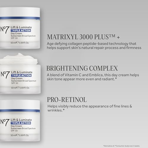No7 Lift & Luminate Triple Action Day Cream - Anti-Aging Face Cream SPF 30, Hyaluronic Acid & Vitamin C - Visibly Firms Skin for Healthy Looking Radiance - Suitable for Sensitive Skin (1.69 Fl Oz)