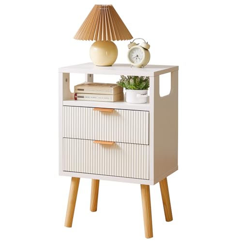 Aibiju Table de Chevet avec 2 Tiroirs de Rangement, Table de Nuit en Bois Massif avec Pieds en Bois Massif, Table D'appoint, Meuble Moderne et Robuste pour Chambre ou Salon, Blanc YD-TM063W