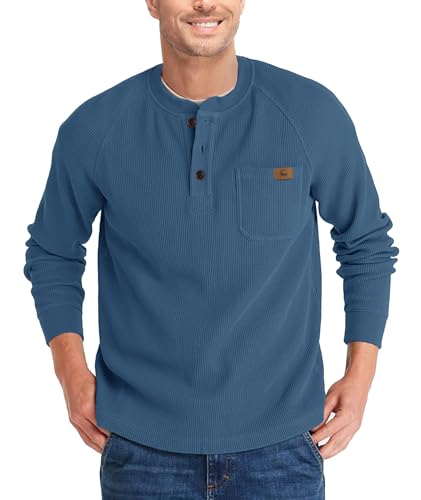 ZITY Long Sleeve Henley Shirts for Men Casual Waffle Thermal Fashion Pullover 3-Button T-Shirt with Pocket,Indigo XL