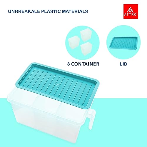 Image of Attro Air Tight Food and Storage Container 3 Detachable Small Storage Boxes with 1 lid Used to Store 3 diffrent Food Items in a 1 Box BPA Free, Food Grade,Freezer Safe, 5000ml-Light Blue