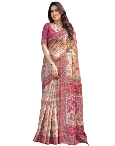 Image of SIRIL Women's Cotton Linen Printed Handloom Saree with Unstitched Blouse Piece