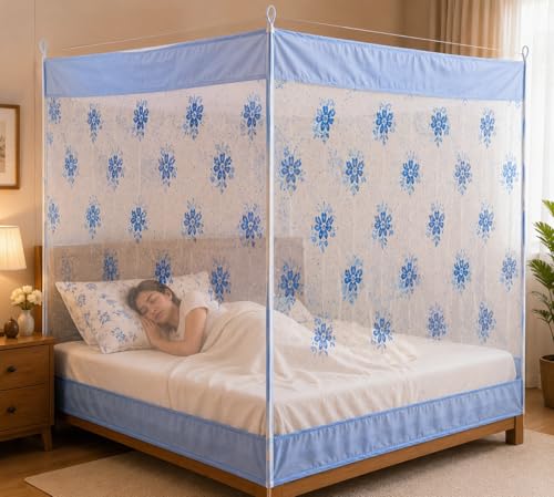 Image of ANS Hanging Mosquito Net for Single Bed, Sky Blue Floral Print with Cotton Border, Breathable Free Air Flow Fine Mesh, Washable Bed Mosquito Net, Insect Protection Net, 4 x 6.5 ft, Height 5 ft