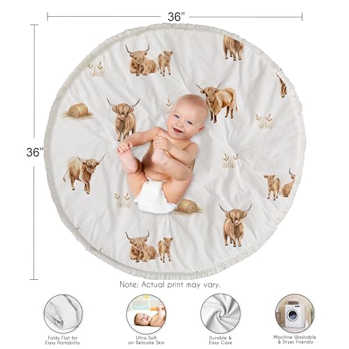 Image of Sweet Jojo Designs Baby Play Mat (Boho Highland Cow) for Girls /Boys, Infant, Toddler Padded Floor Mat, Tummy Time Activity, Newborn Essentials Round Playmat for Babies (Farm Animal, Rustic Farmhouse)