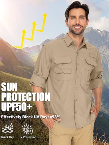 Men's Sun Protection Fishing Shirts Long Sleeve Travel UPF 50+ UV Quick Dry Cooling Safari Camping Hiking Button Down Shirts4