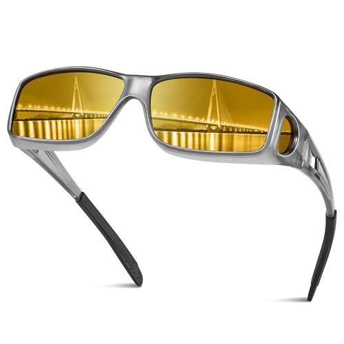 konqkin Nachtfahrbrille für Herren und Damen, Nachtsicht, UV400, Brille mit Blendschutz, gelb, Unisex, Überbrille, Nachtfahrten, polarisiert, B-Glanz, durchs Grau