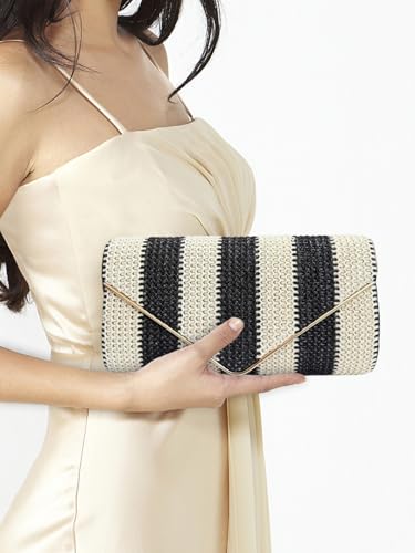 Image of Straw Clutch Bag Women Summer Woven Handbag Striped Chain Crossbody Envelope Shoulder Boho Beach Evening Party Purse