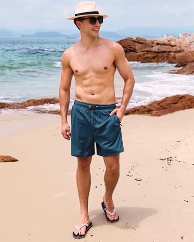 SILKWORLD Mens Swim Trunks with Compression Liner Quick-Dry Swimming Bathing Shorts with Zipper Pockets, Gobain Blue, Large3
