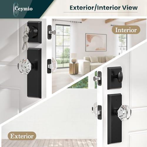 Image of Glass Door Knobs with Single Cylinder Deadbolt Lock Set - Matte Black Crystal Passage Knob for Interior /Exterior Doors - Vintage Diamond Bedroom Bathroom Closet Handles