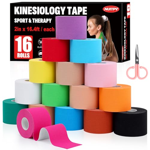 16 Rolls Kinesiology Tape, 16 Colors 2 inch x 16.4 Feet Waterproof Athletic Tape, Uncut Kinetic Tape, Elastic Muscle Tape, Sports Tape, Knee Tape for Exercise and Daily Use