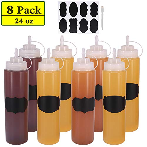 Belinlen 8 Pack 24 oz Plastic Squeeze Squirt Condiment Bottles with Cap Lids - Perfect for Condiments, Oil, Icing, Liquids–Set of 8 with extra 8 Chalk Labels and 1 Pen