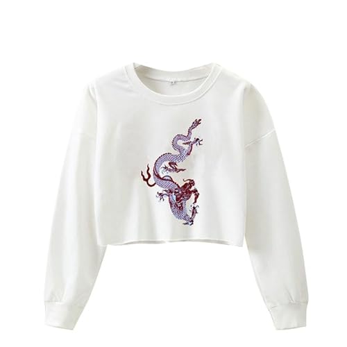 Femmes Y2K Crop Top Dragon Chinois Imprimé Manches Longues Sweatshirt T-Shirts Mignon Cropped Tops pour Dames Teen Crop Tops Esthétique Streetwear