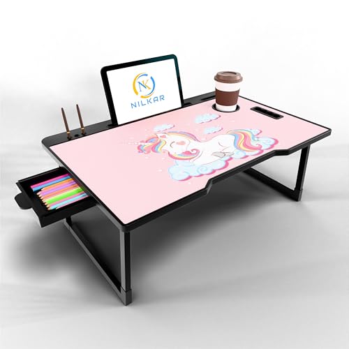 Image of Foldable Wooden Mini Laptop Table for Bed, Study Table with Drawer, Tablet /Mobile Holder for Kids & Adults (STD UK)