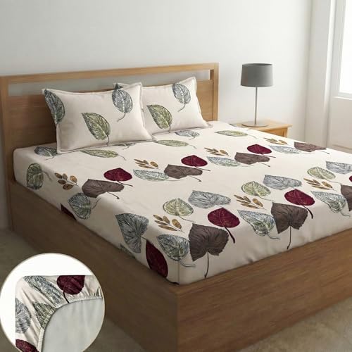 Image of Home Sizzler 210 TC Microfibre Autumn Leaves Print Double Fitted Bedsheet (72X78 inch) with 2 King Size Pillow Covers