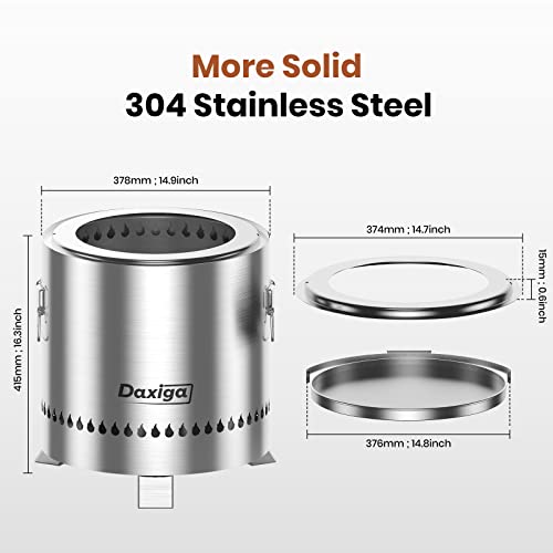 Smokeless Fire Pit, Daxiga 15 Inch Fire Pit for Wood Burning, 304