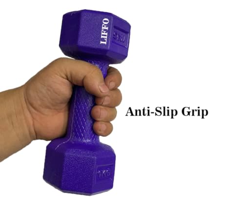 Image of Liffo Dumbbell 1Kg Pair Hexa PVC Dumbbells Set For Home Gym, Exercise & Fitness Dumbbell (Purple) Fixed Weight Dumbbell Home And Gym Use (1Kg X 2PCS)