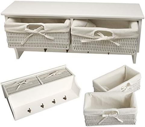 KingSaid Hallway Wall Coat Hook Display Storage Unit White 4 Hooks and 2 Woven Baskets Wall Storage Drawers Shelf