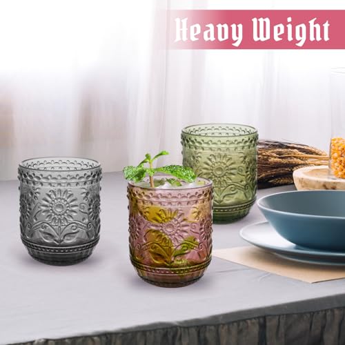 Topsky Vintage Drinking Glass Set Of 4,12 Oz Embossed Floral Drinkware Set,Colorful Drinking Glasses Cups Wine Glasses Colored Glassware For Whisky,Beer,Juice,Cocktail,Heavy Duty thumb #6
