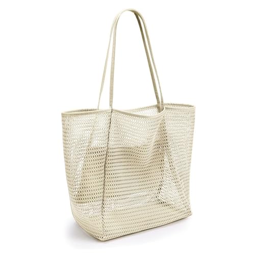 Mesh Beach Tote Bag, Casual Woven Bag with Interior Zipper Pocket Women Foldable Beach Tote Bag