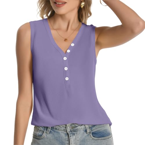 Womens Sexy V Neck Tank Tops Sleeveless Button Henley Shirts Button Ribbed Cami Top Blouses Going Out T Shirt Small Purple