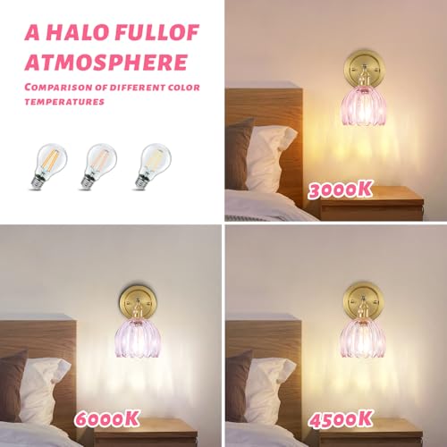 Image of 5 inch Vintage Wall Sconces with Pink Tulip Glass Lampshade 180 Adjustable Brass Sconce Hradwired Modern Wall Lighting Fixture for Bedside Bedroom Reading Nook