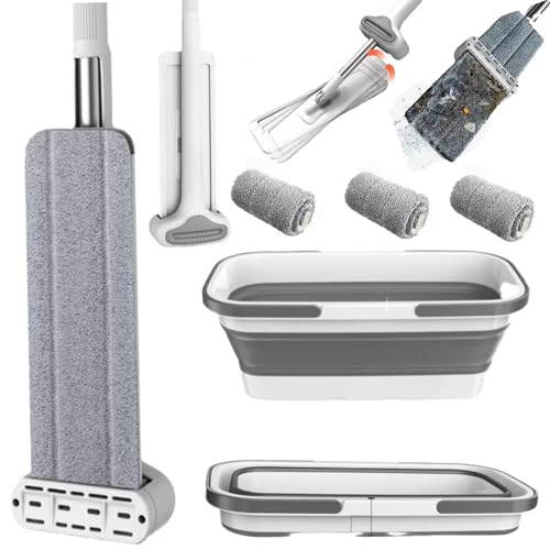 Large Flat Mop and Scalable Bucket with Wheels，360° Rotating Microfiber