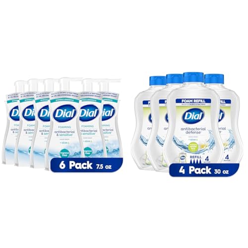 Image of Dial Antibacterial & Sensitive Fragrance Free Foaming Hand Wash Pack of 6 Antibacterial Foaming Hand Wash White Tea Refill Pack of 4, 30 oz Each