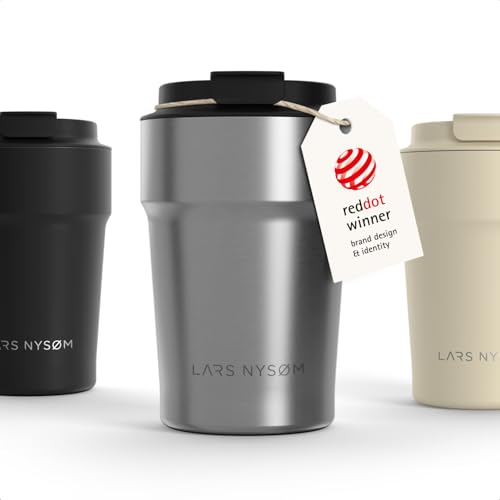 Image of LARS NYSOM Thermo Coffee Mug to go 13oz | Travel Mug 0.38 Liter with Insulation | Silicone grip base | Leak Proof Stainless Steel Tumbler for Coffee and Tea on the Go (Powder Steel, 13oz)