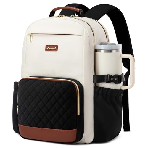 Image of LOVEVOOK Laptop Backpack for Women with Pouch Pocket for Large Capacity Cup,17 Inch Teacher Nurse College Work Travel Backpack Purse,Waterproof Laptop Computer Bags,Beige-Black-Brown+Diamond-shaped