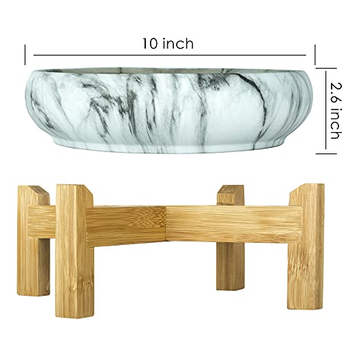 Artketty Succulent Pot, Large Succulent Planter Pot With Drainage Round Marble Bonsai Pot With Bamboo Stand, Ceramic Pots For Cactus Plants Decorative Flower Planter Bowl For Home Office #TOP2